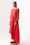 Buy_Naina Jain_Red Silk Embroidered Mirror Round Chevron Pattern Bandhani Kurta Pant Set _Online_at_Aza_Fashions