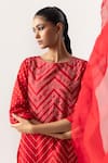 Shop_Naina Jain_Red Silk Embroidered Mirror Round Chevron Pattern Bandhani Kurta Pant Set _Online_at_Aza_Fashions