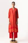 Buy_Naina Jain_Red Silk V Neck Bandhani Maze Pattern Kurta Pant Set _Online_at_Aza_Fashions