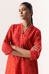 Shop_Naina Jain_Red Silk V Neck Bandhani Maze Pattern Kurta Pant Set _Online_at_Aza_Fashions