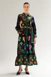 Buy_NOIB_Multi Color Cotton Silk Printed Garden Of Eden Collar Celia Dress With Belt _at_Aza_Fashions