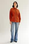 Buy_NOIB_Orange Cotton Twill Embroidery Stitchline Thread Collar Xena Overshirt _at_Aza_Fashions