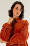 Buy_NOIB_Orange Cotton Twill Embroidery Stitchline Thread Collar Xena Overshirt _Online_at_Aza_Fashions