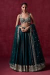 Buy_LASHKARAA_Green Crepe Silk Embroidered Zari Plunge Leaf Neck Blouse Lehenga Set _at_Aza_Fashions