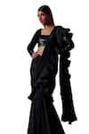 LASHKARAA_Black Crepe Embroidered Zari Square Ruffle Pre-draped Saree With Blouse _at_Aza_Fashions