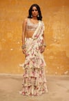 Buy_Arpita Mehta_Beige Georgette Print Coconut Pine Scoop Neck Pre-draped Saree With Blouse _at_Aza_Fashions