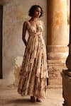 Buy_Arpita Mehta_Beige Georgette Print Coconut Pine V Neck Maxi Dress _at_Aza_Fashions