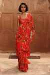 Buy_Arpita Mehta_Red Georgette Print Floral Square Flower Bloom Pre-draped Saree With Blouse _at_Aza_Fashions