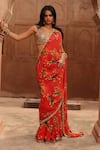 Buy_Arpita Mehta_Red Georgette Print Floral Pine V Neck Pre-draped Sindori Saree With Blouse _at_Aza_Fashions