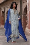 Buy_Arpita Mehta_Blue Georgette Print Leaf Vine Notched Neck Kurta And Pant Set _at_Aza_Fashions