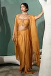 Buy_One Knot One By Ashna_Yellow Viscose Embroidery Aari Open Neck Marigold Flora Cape Draped Skirt Set _at_Aza_Fashions