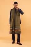 Shop_MODARTA_Green Placement Stripe Pattern Border Shawl _at_Aza_Fashions