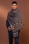 Shop_MODARTA_Grey Floral Hand Embroidered Border Shawl _at_Aza_Fashions