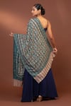 Shop_MODARTA_Blue Floral Checkered Fine Wool Shawl _at_Aza_Fashions