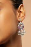 Buy_Curio Cottage_Silver Plated Semi Precious Stones Lotus Trio Jhumkis _at_Aza_Fashions