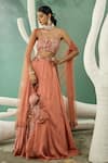 Buy_One Knot One_Peach Crepe Embroidery Bullian Knot Sweetheart Peony Bloom Applique Lehenga Set _at_Aza_Fashions