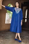 Ayaka_Blue Viscose Tabby Embroidery Resham Round Neck Julian Yoke Dress _Online_at_Aza_Fashions