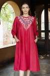 Ayaka_Red Viscose Tabby Embroidery Resham Round Neck Julian Floral Placement Dress _Online_at_Aza_Fashions