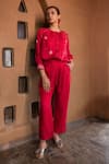 Buy_Ayaka_Red Viscose Tabby Plain Cole Solid Trouser _at_Aza_Fashions