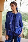 Buy_Ayaka_Blue Viscose Tabby Hand Embroidery Kantha Round Dale Thread Pleated Top _Online_at_Aza_Fashions