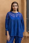 Shop_Ayaka_Blue Silk Organza Hand Embroidery Floral Round Polly Thread Yoke Top _Online_at_Aza_Fashions