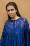 Ayaka_Blue Silk Organza Hand Embroidery Floral Round Polly Thread Yoke Top _at_Aza_Fashions