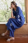 Ayaka_Blue Viscose Tabby Hand Embroidered Floral V-neck Kurta _at_Aza_Fashions