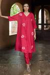 Buy_Ayaka_Red Viscose Tabby Hand Embroidered Floral V-neck Tunic _at_Aza_Fashions