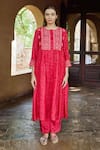 Shop_Ayaka_Red Viscose Tabby Hand Embroidered Thread Round Kurta _Online_at_Aza_Fashions