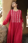 Buy_Ayaka_Red Viscose Tabby Hand Embroidered Floral Wines Round Tunic 