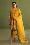 Buy_Kameez_Yellow Chanderi Embroidery Daisy Notched Round Neck Delight Kurta Pant Set _at_Aza_Fashions