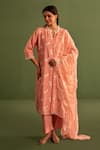 Buy_Kameez_Peach Chanderi Embroidery Tulip Mandarin Collar Kurta Pant Set _at_Aza_Fashions