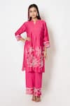 Kameez_Pink Chanderi Embroidery Rosa Notched Round Neck Delight Kurta Pant Set _Online_at_Aza_Fashions