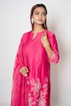 Shop_Kameez_Pink Chanderi Embroidery Rosa Notched Round Neck Delight Kurta Pant Set _Online_at_Aza_Fashions