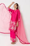 Kameez_Pink Chanderi Embroidery Rosa Notched Round Neck Delight Kurta Pant Set _at_Aza_Fashions