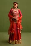 Buy_Kameez_Red Chanderi Embroidery Gota Patti Round Neck Bahar Kurta Lehenga Set _at_Aza_Fashions