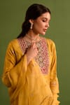 Kameez_Yellow Upara Silk Embroidery Marodi Split V Neck Gulbahar Kurta Pant Set _Online_at_Aza_Fashions