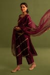 Buy_Kameez_Wine Chanderi Embroidery Marodi Round Neck Bloom Kurta Pant Set _Online_at_Aza_Fashions