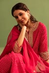 Shop_Kameez_Pink Georgette Print Mothra Split V Neck Gota Bloom Embroidered Kurta Pant Set _Online_at_Aza_Fashions