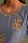 Shop_Kameez_Blue Chanderi Embroidery Gota Round Neck Damaskia Bloom Kurta Pant Set _Online_at_Aza_Fashions