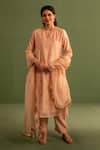 Buy_Kameez_Peach Chanderi Embroidery Marodi Notched Round Wildflora Bloom Kurta Pant Set _at_Aza_Fashions