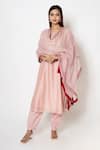 Buy_Kameez_Pink Chanderi Embroidery Gota Round Neck Fleur Bloom Kurta Pant Set _Online_at_Aza_Fashions