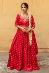 Buy_Maison Shefali_Red Satin Silk Printed Marodi Round Bandhej Lehenga Blouse Set _Online_at_Aza_Fashions