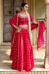 Maison Shefali_Fuchsia Satin Silk Printed Marodi Round Mirror Work Detailed Lehenga Set _Online_at_Aza_Fashions