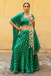 Shop_Maison Shefali_Green Satin Silk Printed Marodi Round Mirror Work Detailed Lehenga Blouse Set _Online_at_Aza_Fashions