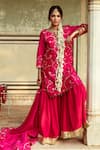 Maison Shefali_Magenta Chanderi Sequin Notched Round Jaal Detailed Kurta Sharara Set _Online_at_Aza_Fashions