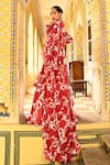 SANAM_Red Silk Chiffon Print Floral Leaf Ruffle Pre-draped Saree With Blouse _Online_at_Aza_Fashions