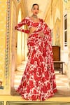 Shop_SANAM_Red Silk Chiffon Print Floral Leaf Ruffle Pre-draped Saree With Blouse _Online_at_Aza_Fashions