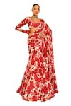 SANAM_Red Silk Chiffon Print Floral Leaf Ruffle Pre-draped Saree With Blouse _at_Aza_Fashions