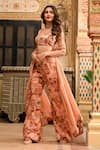 Buy_SANAM_Beige Silk Chiffon Floral Print Sleeveless Blouse And Flared Trouser Set _Online_at_Aza_Fashions